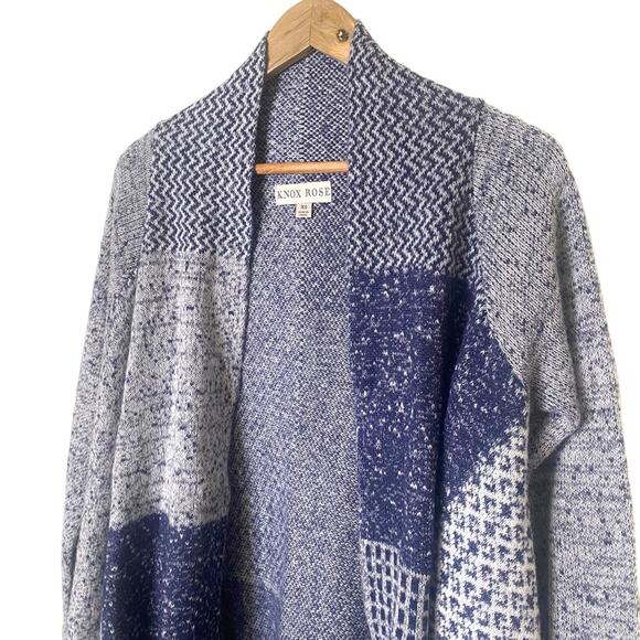 Knox Rose Blue Patchwork Boho Fringe Shawl Collar Sweater - Picture 2 of 9